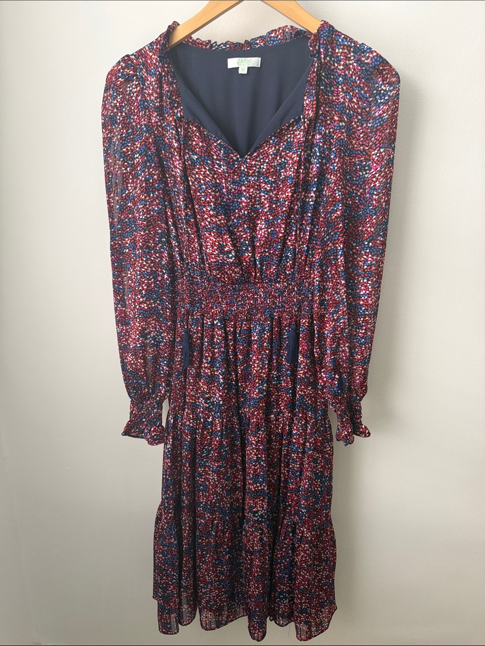 Jade Floral Long Sleeve Midi Dress in Navy and Pink